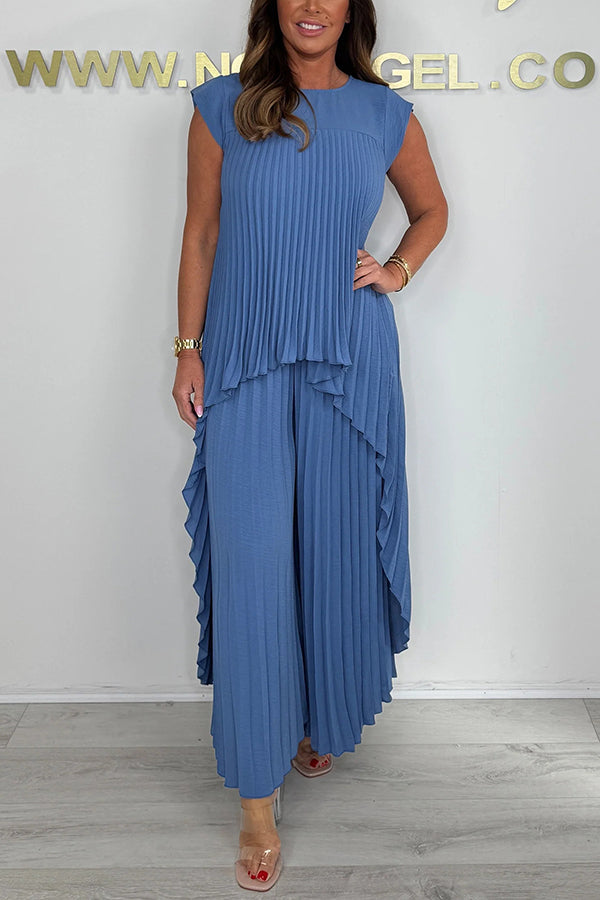 💖LAST DAY SALE 50% OFF💖Laney Pleated Short Sleeve Irregular Midi Top and Elastic Waist Wide Leg Pants Set✨-7