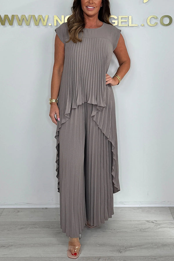 💖LAST DAY SALE 50% OFF💖Laney Pleated Short Sleeve Irregular Midi Top and Elastic Waist Wide Leg Pants Set✨-6