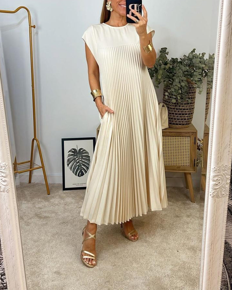 🔥HOT SALE🔥Sleeveless pleated simple solid colour dress-7