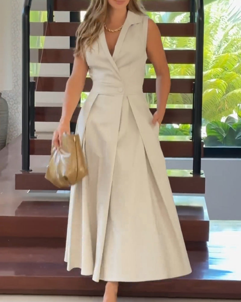 🔥Hot Sale 33% off💃Sleeveless Solid Color Lapel Midi Dresses✈️Buy 2 free shipping-5