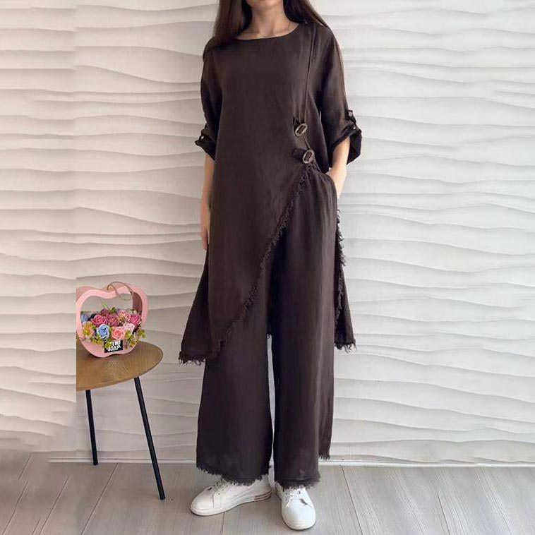 Women's Casual 2-piece Suit with Round Neckline-1