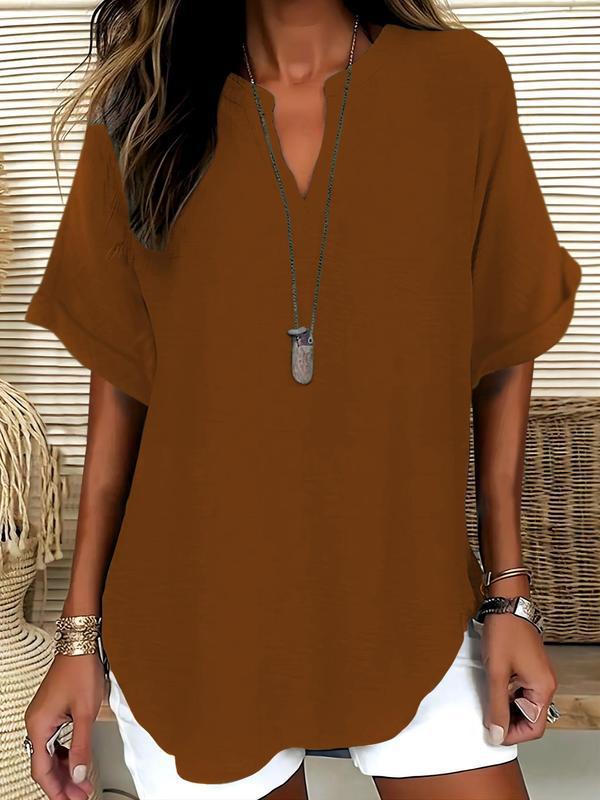 💞50K+ SOLD!🌸Women's Plain Short Sleeve Blouse, Casual Solid Color Top for Daily Wear-8