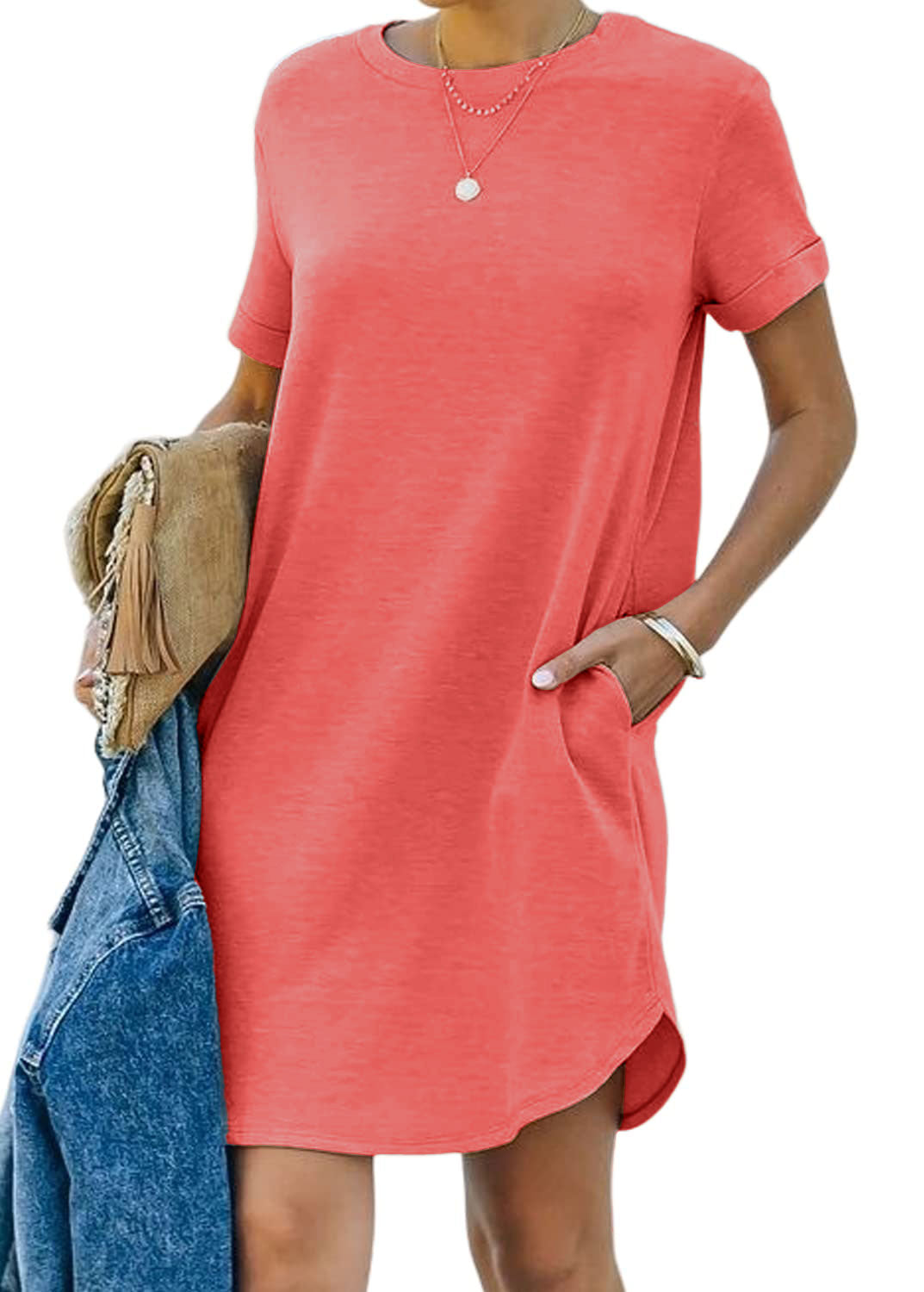 🌈2024 Women's Casual Short Sleeve T Shirt Dress Basic Dresses with Pockets-1