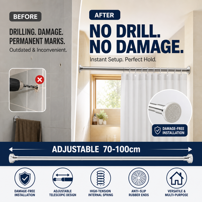 🛏️🔧Adjustable No-Drill Tension Rod – Damage-Free Install, Anti-Slip & Multi-Purpose, Max 15KG Load 🏠