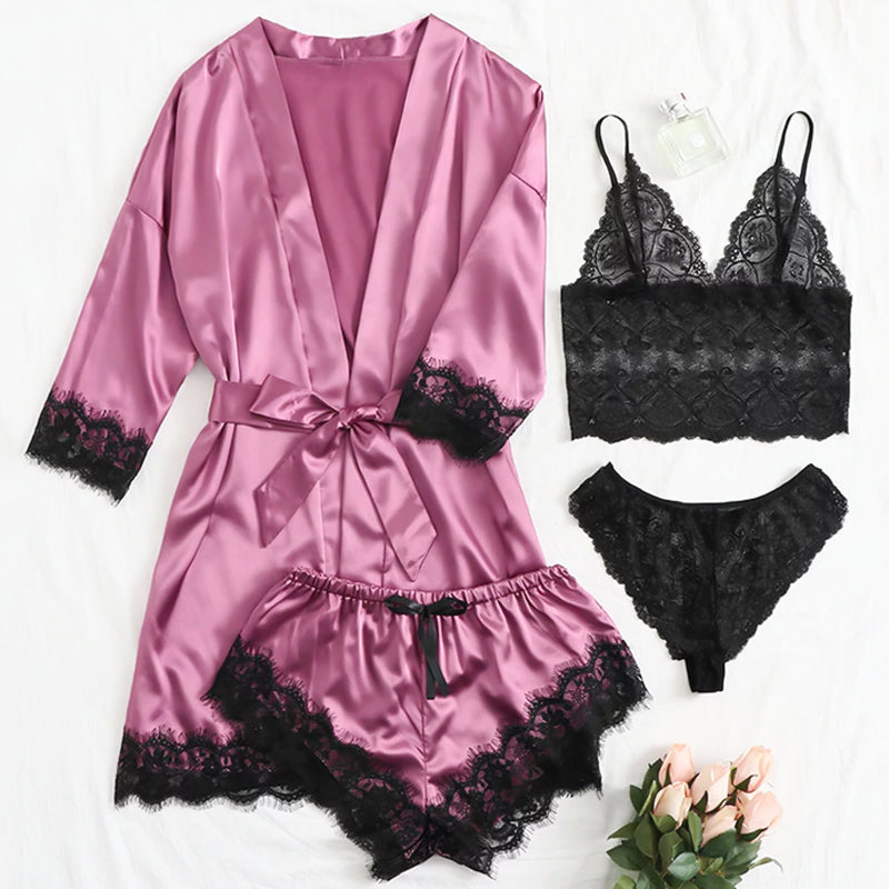 Lace Satin Suspender Nightgown Four-piece Set-8