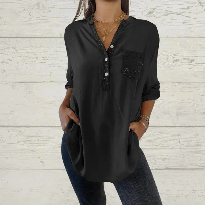 ⏳Limited Sale 51% OFF🌸Women's Sequin Patchwork V-neck Shirt-8