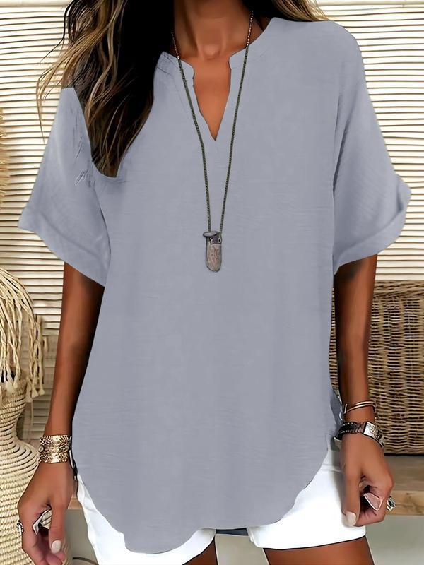 💞50K+ SOLD!🌸Women's Plain Short Sleeve Blouse, Casual Solid Color Top for Daily Wear-11
