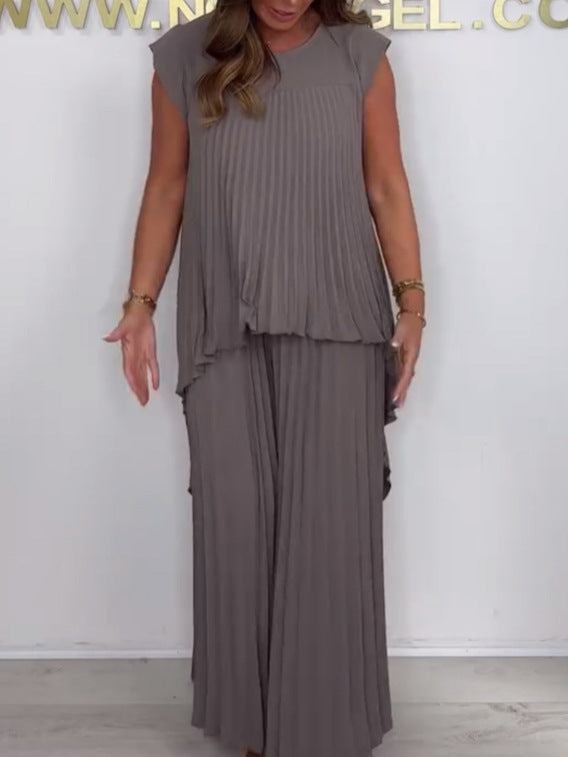 💖LAST DAY SALE 50% OFF💖Laney Pleated Short Sleeve Irregular Midi Top and Elastic Waist Wide Leg Pants Set✨-5