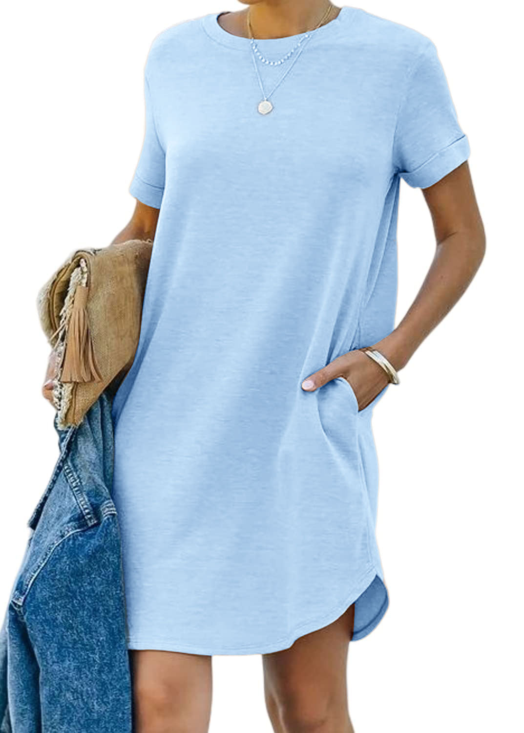 🌈2024 Women's Casual Short Sleeve T Shirt Dress Basic Dresses with Pockets-2