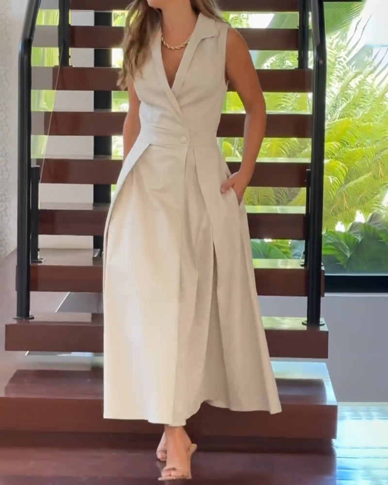 🔥Hot Sale 33% off💃Sleeveless Solid Color Lapel Midi Dresses✈️Buy 2 free shipping-1
