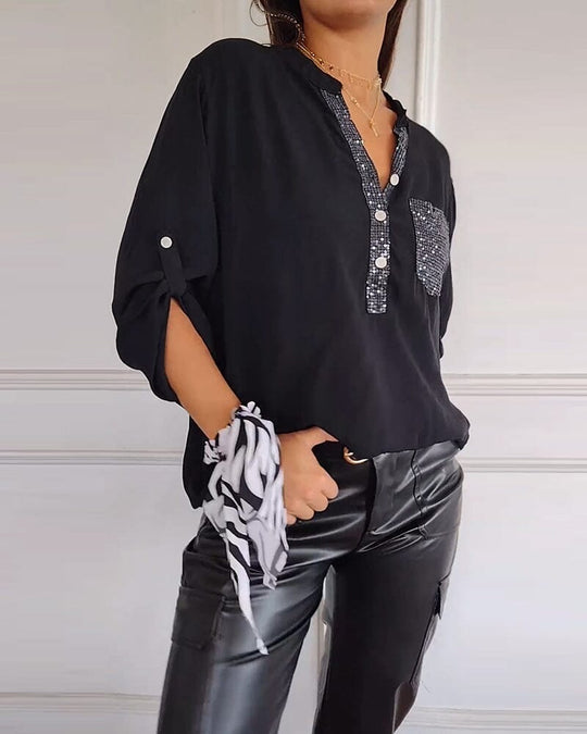 ⏳Limited Sale 51% OFF🌸Women's Sequin Patchwork V-neck Shirt-3