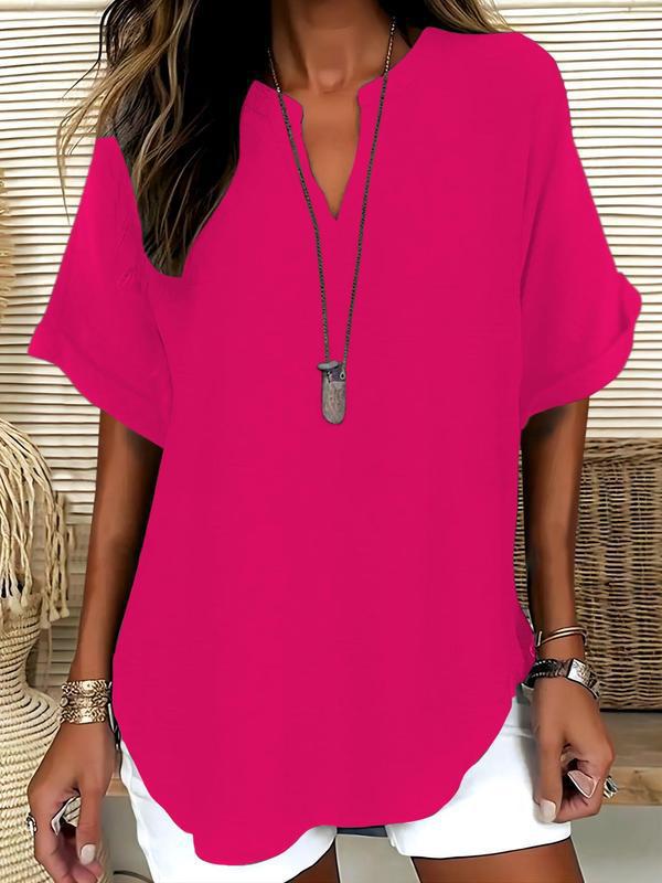 💞50K+ SOLD!🌸Women's Plain Short Sleeve Blouse, Casual Solid Color Top for Daily Wear-6