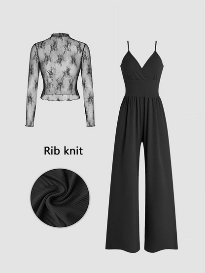 🌸 Zweiteiliges Set für Damen: Spitzen-Top und Jumpsuit mit Taschen