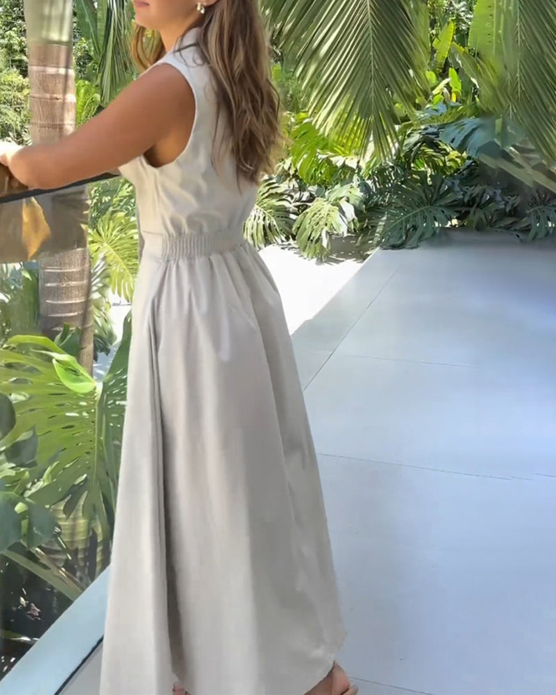 🔥Hot Sale 33% off💃Sleeveless Solid Color Lapel Midi Dresses✈️Buy 2 free shipping-7