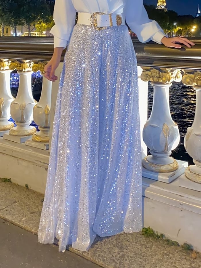 🔥HOT SALE-69% OFF💝Elegant long-sleeved blouse with V-neckline and wide sequinned jumpsuit trousers-2