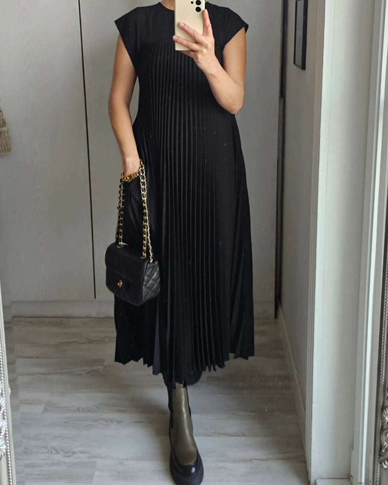 🔥HOT SALE🔥Sleeveless pleated simple solid colour dress-12