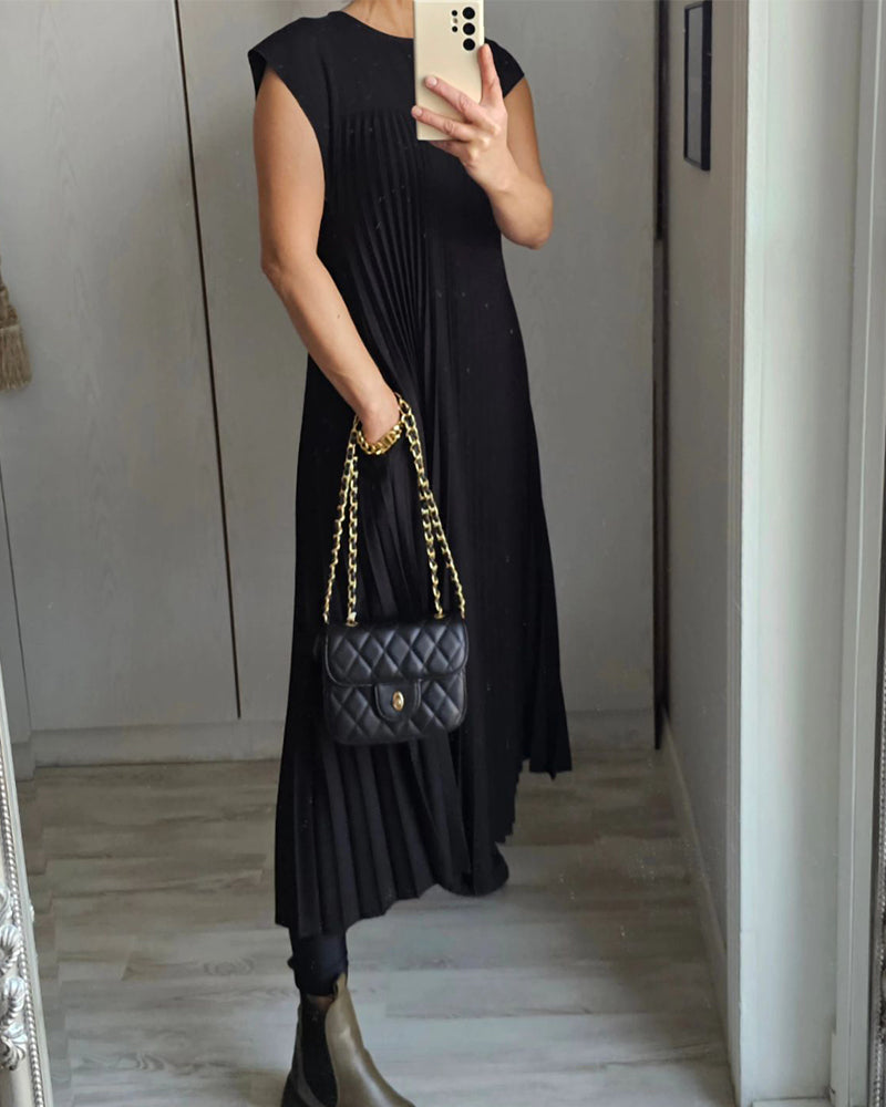 🔥HOT SALE🔥Sleeveless pleated simple solid colour dress-13
