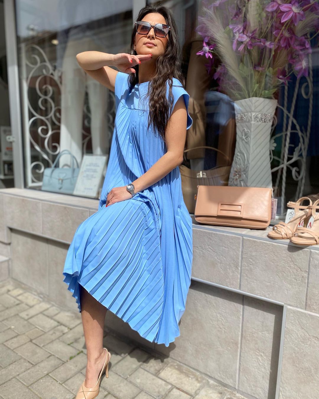 🔥HOT SALE🔥Sleeveless pleated simple solid colour dress-5
