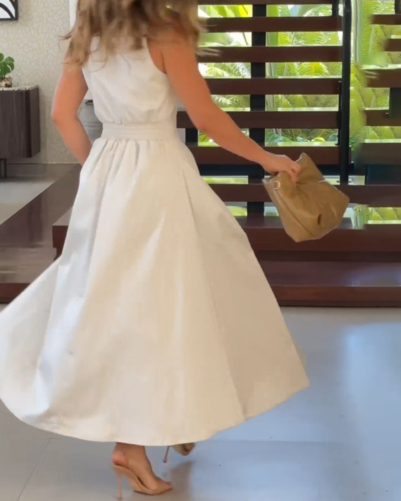 🔥Hot Sale 33% off💃Sleeveless Solid Color Lapel Midi Dresses✈️Buy 2 free shipping-4