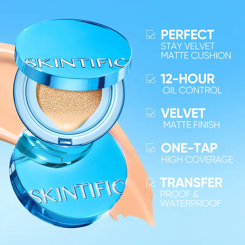 ❤️New Shade Launch❤️SKINTIFIC Velvet Matte Cushion Foundation Blue Ultra Cover Powder Foundation, 12h Oil-Control, Lightweight, Long-Lasting, Waterproof Korean Cushion Makeup-3