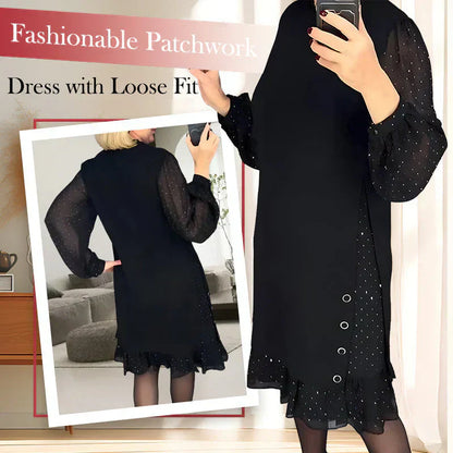 🖤Black Friday Angebot: 50% Rabatt🖤Damenkleid mit Rundhalsausschnitt und einfarbigem Strass