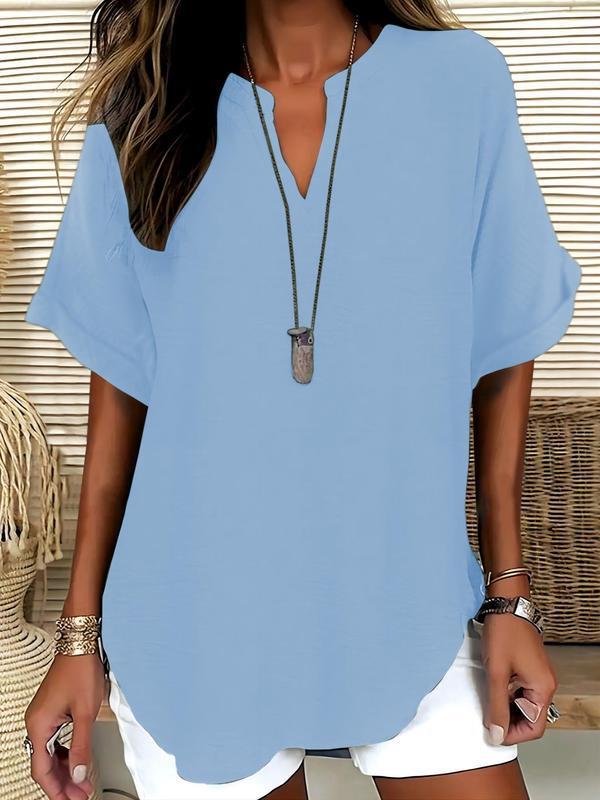 💞50K+ SOLD!🌸Women's Plain Short Sleeve Blouse, Casual Solid Color Top for Daily Wear-5
