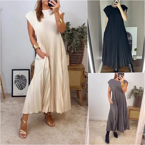 🔥HOT SALE🔥Sleeveless pleated simple solid colour dress-18