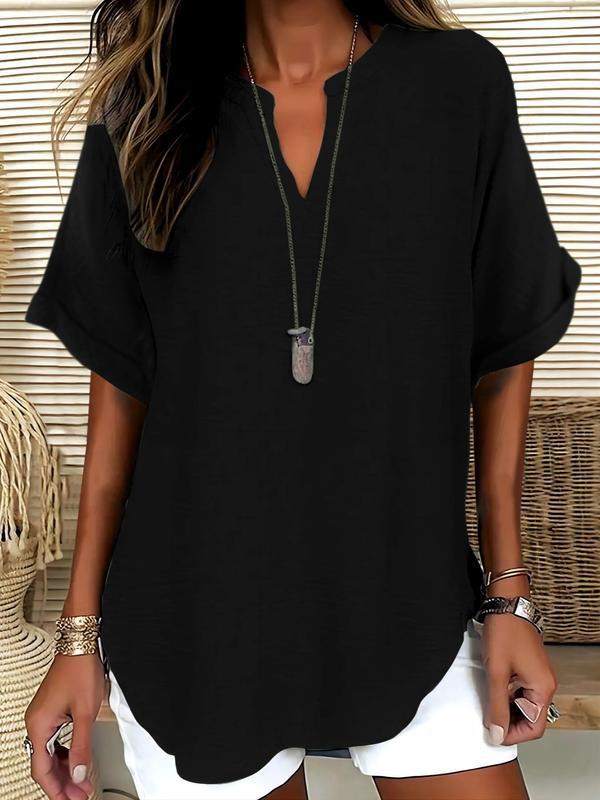 💞50K+ SOLD!🌸Women's Plain Short Sleeve Blouse, Casual Solid Color Top for Daily Wear-1