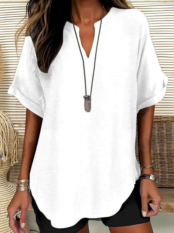💞50K+ SOLD!🌸Women's Plain Short Sleeve Blouse, Casual Solid Color Top for Daily Wear-2