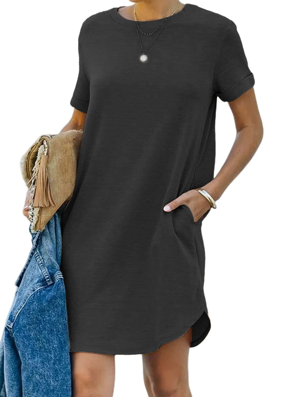 🌈2024 Women's Casual Short Sleeve T Shirt Dress Basic Dresses with Pockets-4