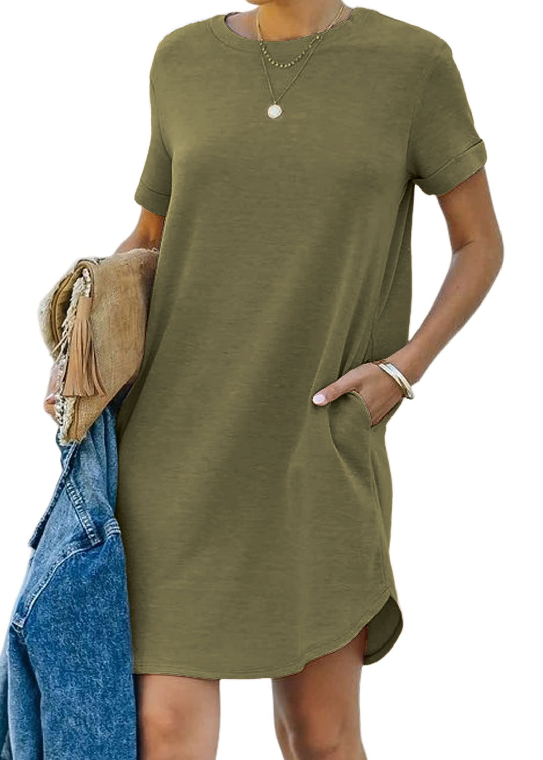 🌈2024 Women's Casual Short Sleeve T Shirt Dress Basic Dresses with Pockets-5