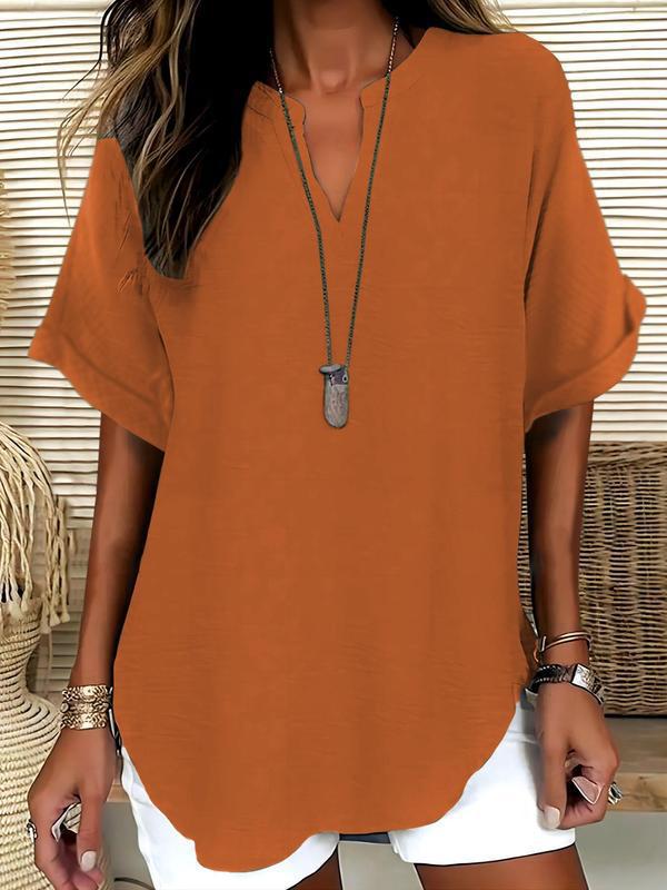 💞50K+ SOLD!🌸Women's Plain Short Sleeve Blouse, Casual Solid Color Top for Daily Wear-10