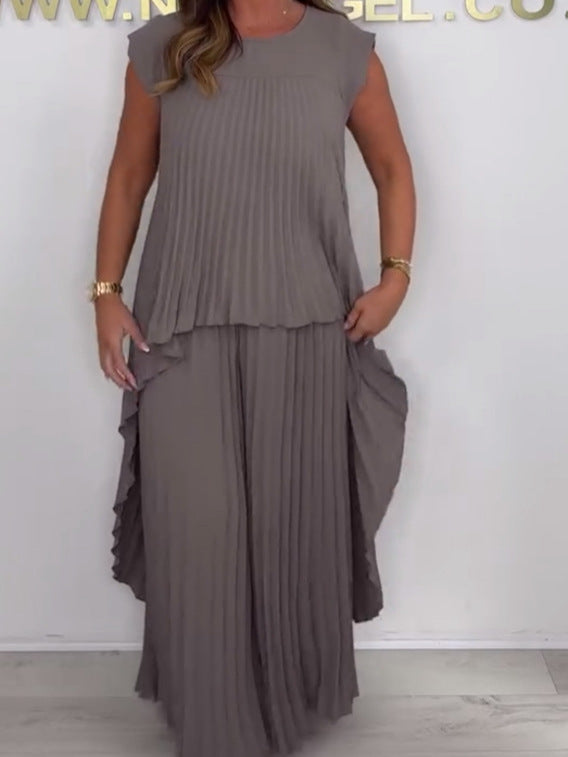 💖LAST DAY SALE 50% OFF💖Laney Pleated Short Sleeve Irregular Midi Top and Elastic Waist Wide Leg Pants Set✨-3