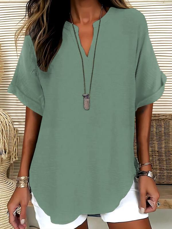 💞50K+ SOLD!🌸Women's Plain Short Sleeve Blouse, Casual Solid Color Top for Daily Wear-9