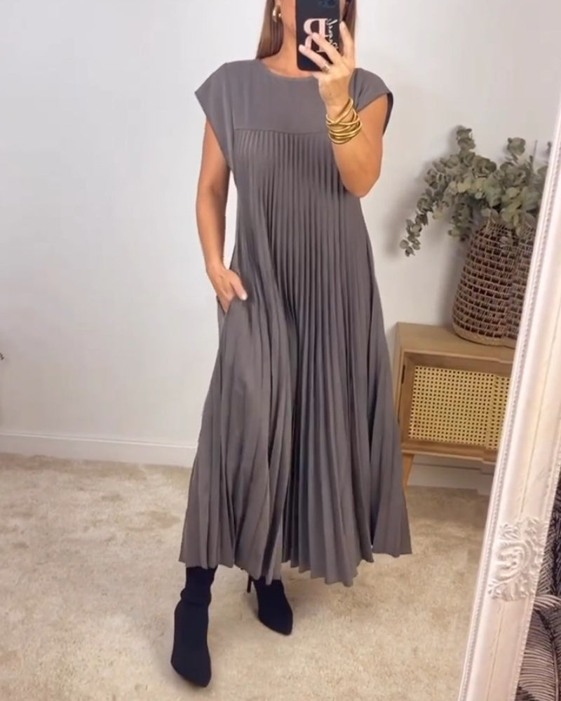 🔥HOT SALE🔥Sleeveless pleated simple solid colour dress-14