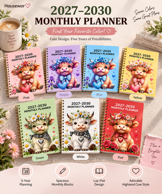 📅 🐮 2026–2030 Monthly Planner ✨ Cute Highland Cow 5-Year Calendar | Large Monthly Blocks for Long-Term Planning
