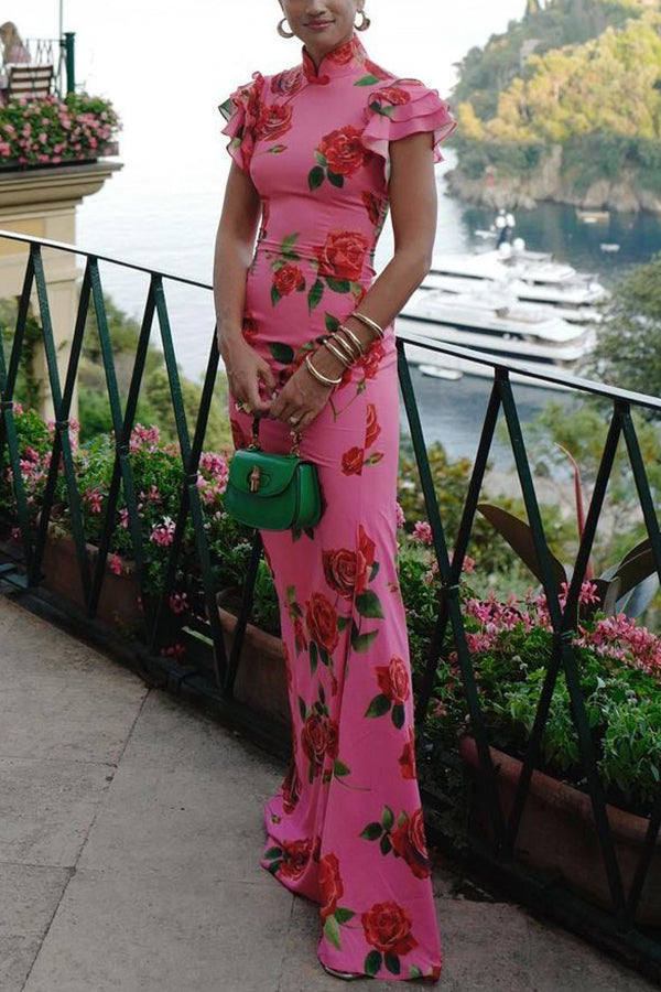 Cheongsam Style Rose Floral Print Tiered Flare Sleeve Stretch Maxi Dress-11