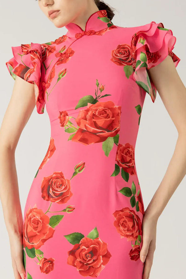 Cheongsam Style Rose Floral Print Tiered Flare Sleeve Stretch Maxi Dress-13