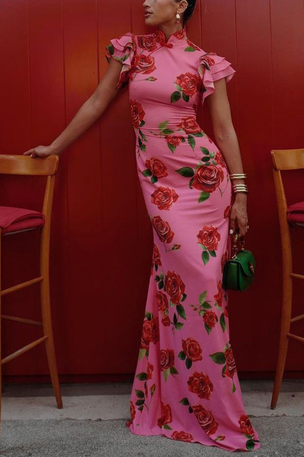Cheongsam Style Rose Floral Print Tiered Flare Sleeve Stretch Maxi Dress-5