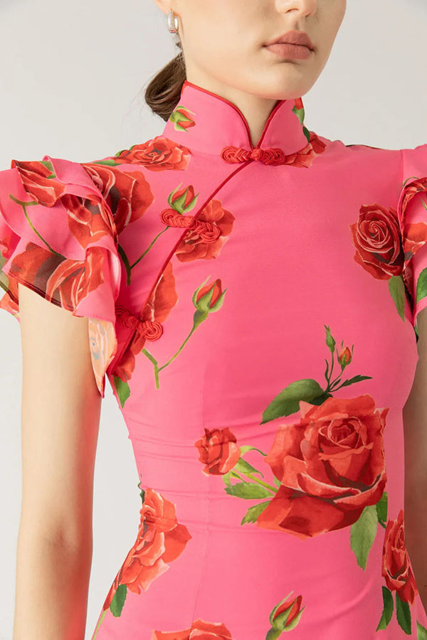 Cheongsam Style Rose Floral Print Tiered Flare Sleeve Stretch Maxi Dress-14