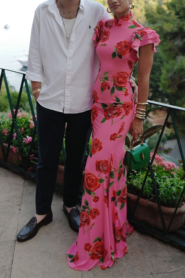 Cheongsam Style Rose Floral Print Tiered Flare Sleeve Stretch Maxi Dress-15