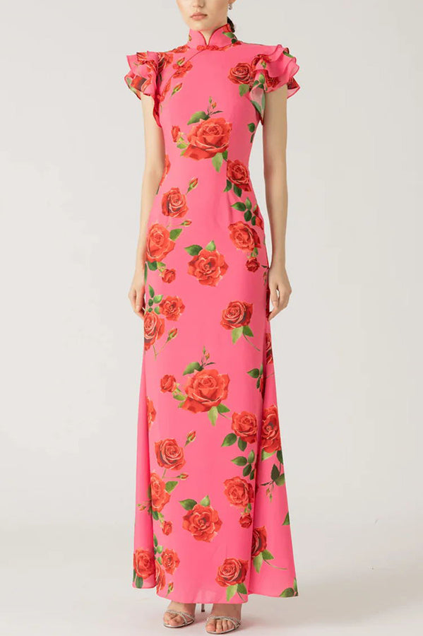 Cheongsam Style Rose Floral Print Tiered Flare Sleeve Stretch Maxi Dress-2