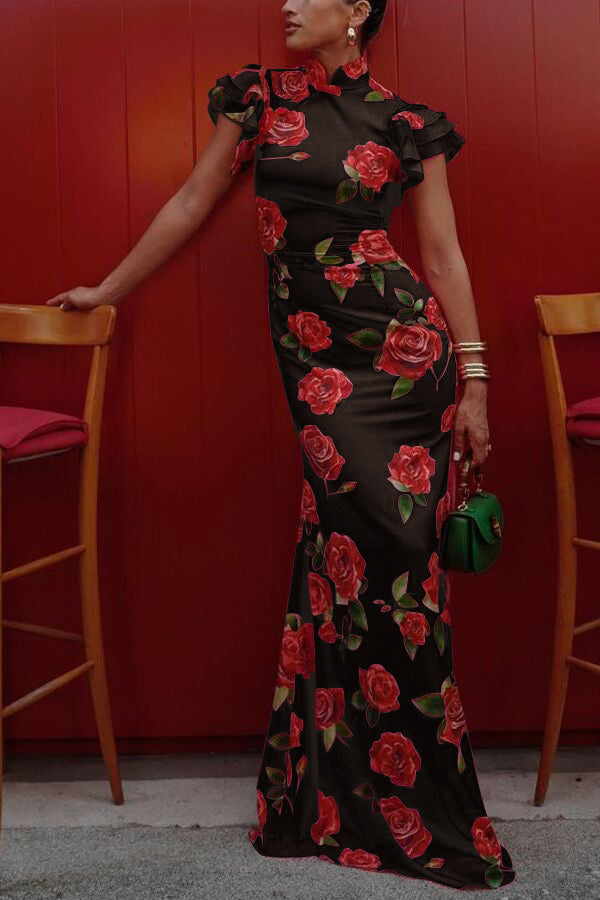 Cheongsam Style Rose Floral Print Tiered Flare Sleeve Stretch Maxi Dress-8