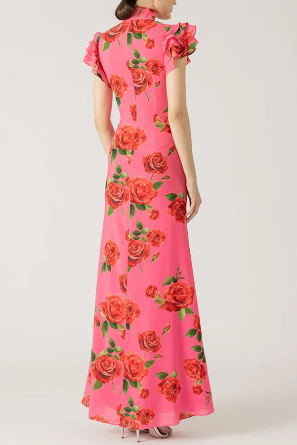 Cheongsam Style Rose Floral Print Tiered Flare Sleeve Stretch Maxi Dress-9