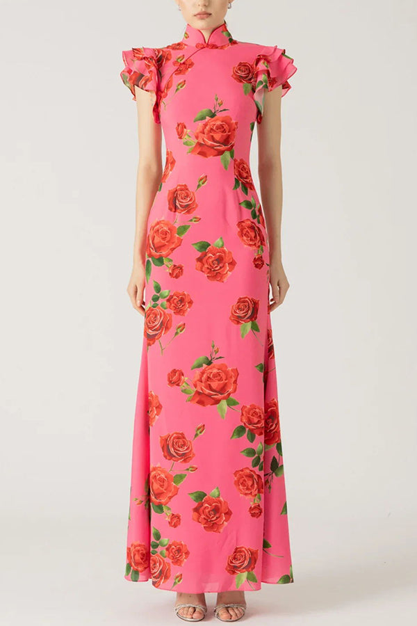 🎉Hot Sale 49% OFF🥳Cheongsam Style Rose Floral Print Tiered Flare Sleeve Stretch Maxi Dress-10