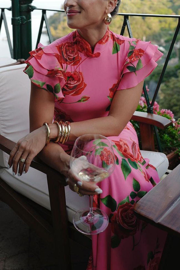 Cheongsam Style Rose Floral Print Tiered Flare Sleeve Stretch Maxi Dress-17