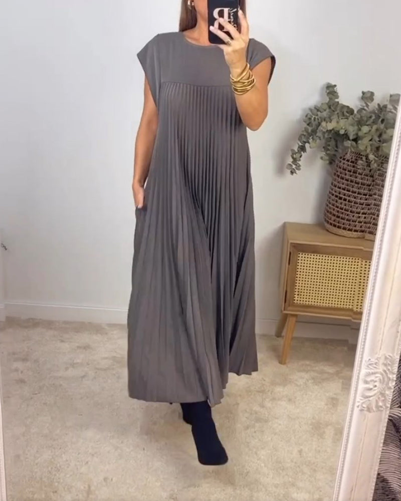 🔥HOT SALE🔥Sleeveless pleated simple solid colour dress-15