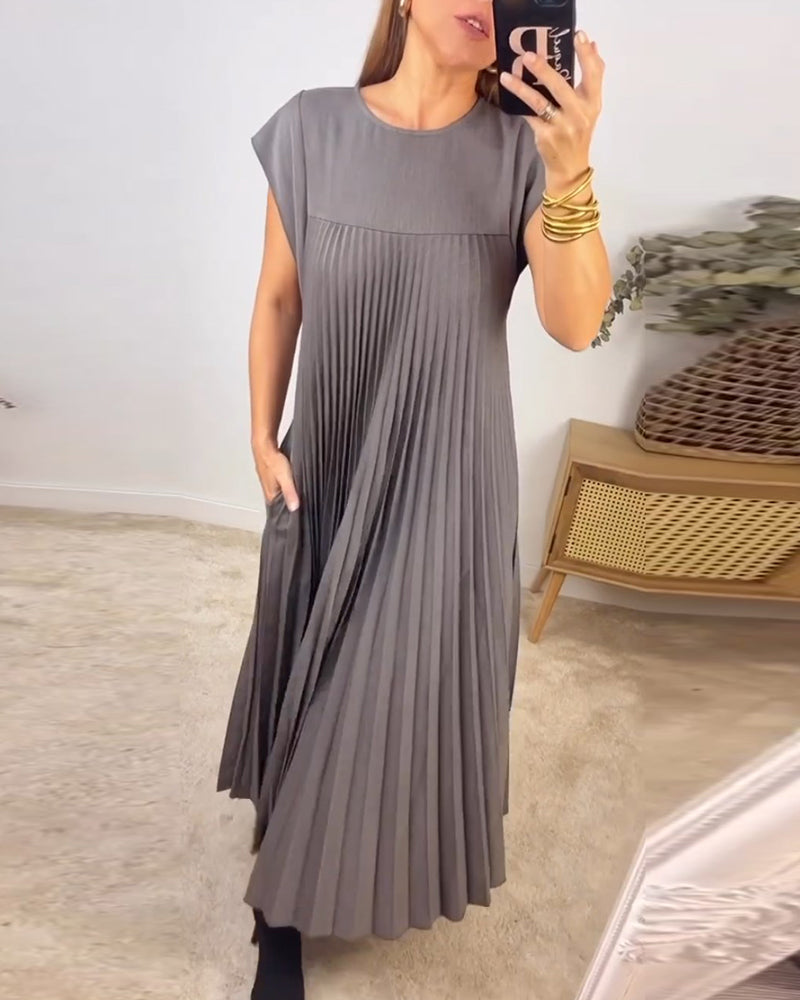 🔥HOT SALE🔥Sleeveless pleated simple solid colour dress-16
