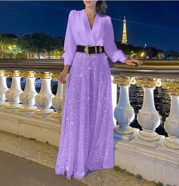 🔥HOT SALE-69% OFF💝Elegant long-sleeved blouse with V-neckline and wide sequinned jumpsuit trousers-6