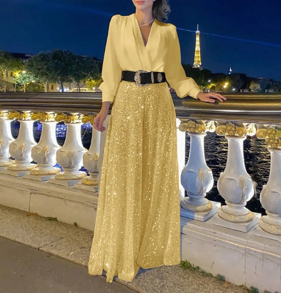 🔥HOT SALE-69% OFF💝Elegant long-sleeved blouse with V-neckline and wide sequinned jumpsuit trousers-7